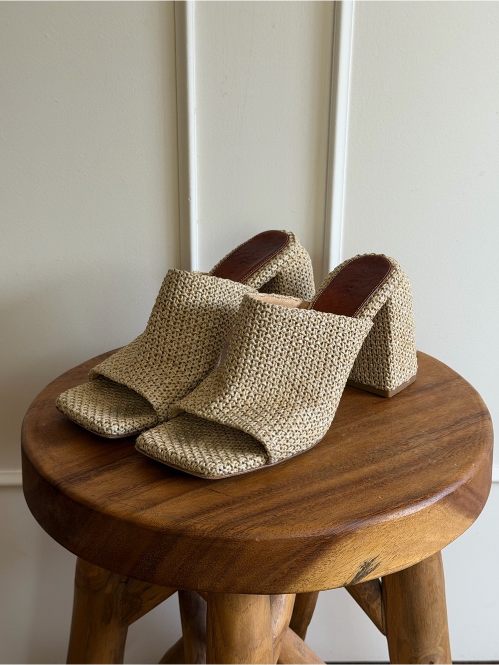 Dear Frances Woven Open-Toe Block Heel Mules - Beige